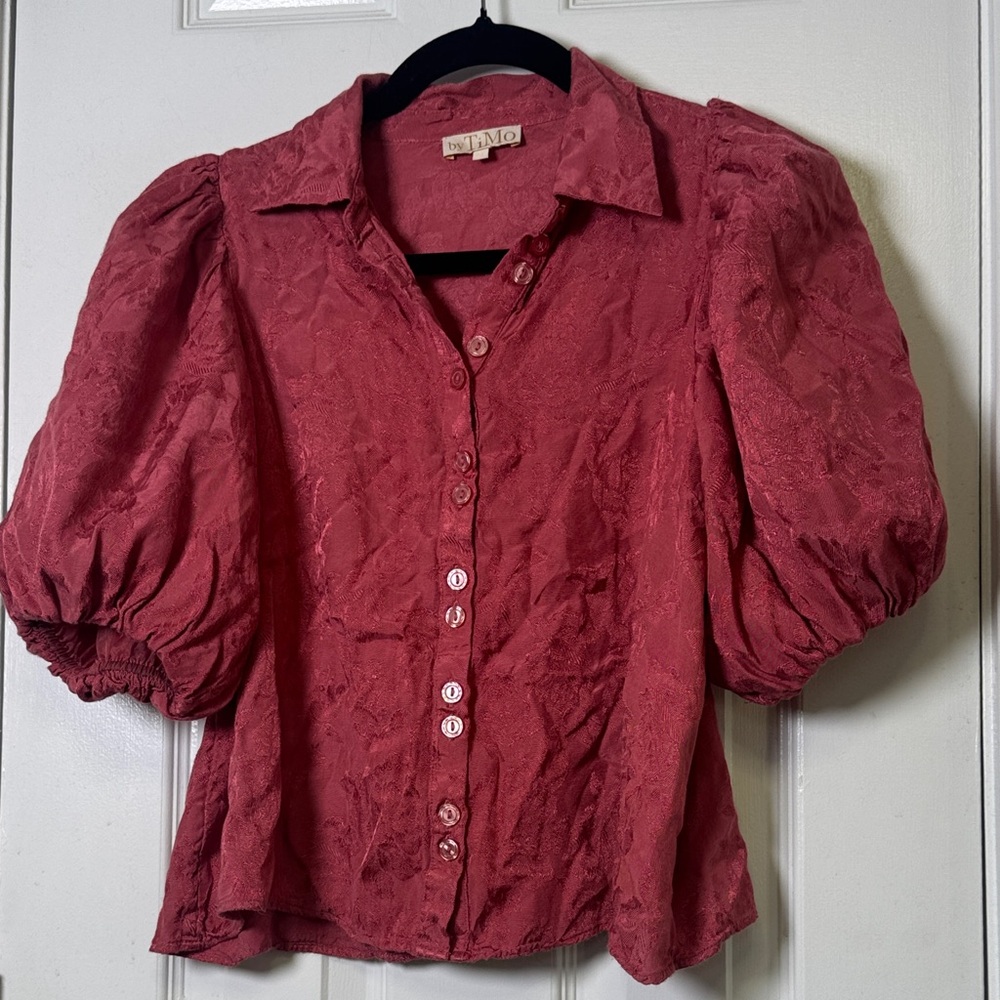 byTiMo 🌹Norway Puff Sleeve Floral Jacquard Blouse Red Rose Romantic Feminine S